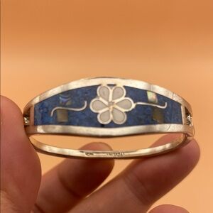 Blue and Silver Abalone Inlay Floral Mexico Bracelet M71